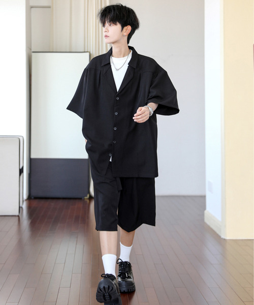 neos（ネオス）の「【neos】ルーズシルエット オープンカラー ハーフパンツ セットアップ（セットアップ・メンズ・ブラック・LARGE/MEDIUM）」の2枚目の写真