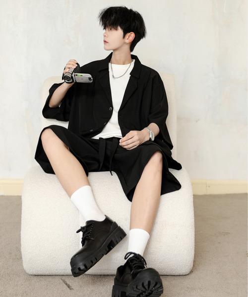 neos（ネオス）の「【neos】ルーズシルエット オープンカラー ハーフパンツ セットアップ（セットアップ・メンズ・ブラック・LARGE/MEDIUM）」の6枚目の写真