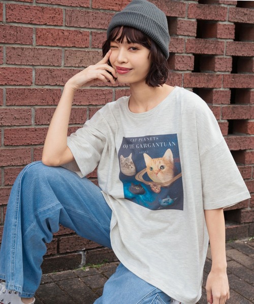 セール】スペースキャットプリントビッグTシャツ（Tシャツ/カットソー