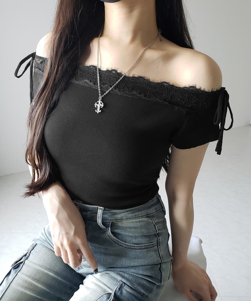 【全2色】リボンニットトップ　アイボリー ブラック 【knit-0520btop】( lam )(240524) SLY | MANYWAY RIBBON KNIT トップス (ニット ) |SHEL'TTER WEBSTORE