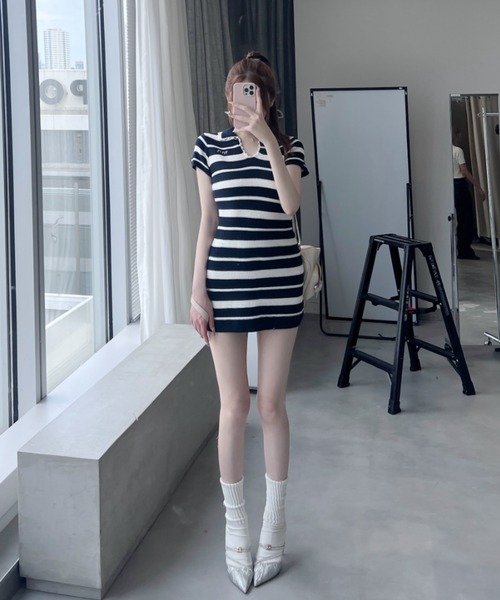 令嬢ワンピ バックが可愛い PATOU ワッフルニット ワンピース skinholictokyoさんコラボ》ウエストタックニットワンピース