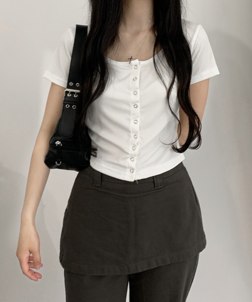 SHEPP(シープ)の「クロップフロントスナップボタントップス(Tシャツ/カットソー・レディース・グレー/ピンク/ホワイト・M)」の20枚目の写真