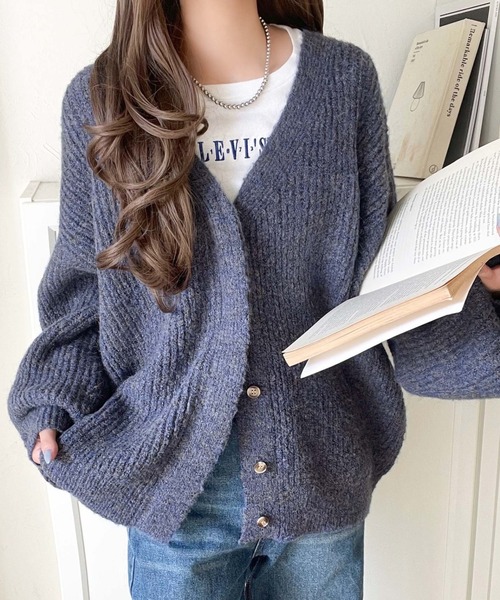 セール】大人上品なニュアンスを演出◎比翼Vネックミックスニット