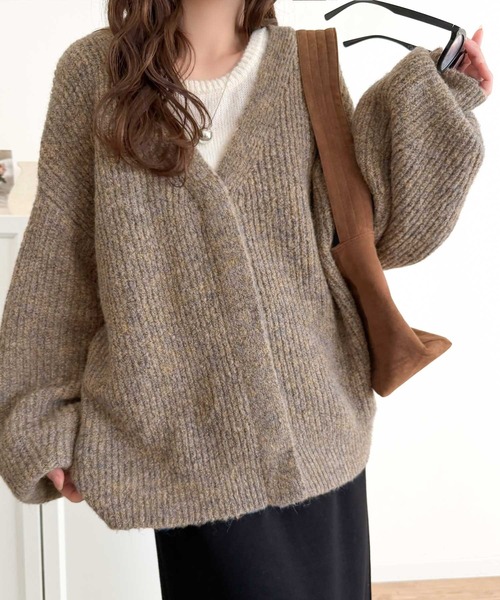 セール】大人上品なニュアンスを演出◎比翼Vネックミックスニット