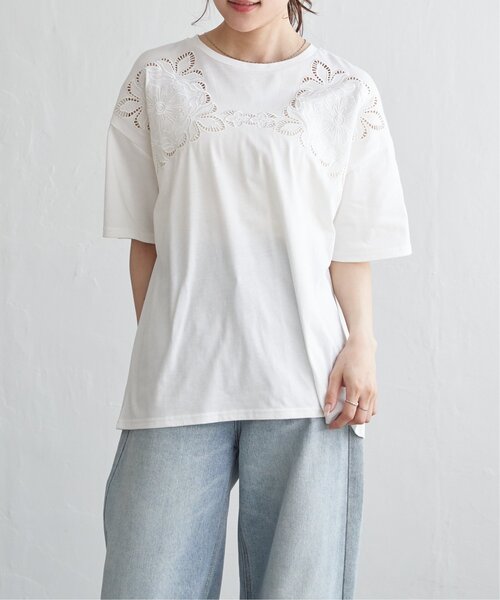 新品⚫︎BASCO バスコ　ロングシャツ　オフホワイト　ナチュラル　綿　刺繍 セール】花柄カットワーク刺繍Tシャツ（Tシャツ/カットソー