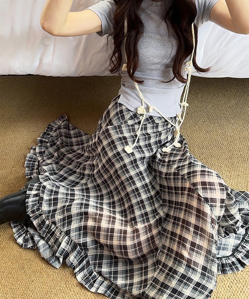 セール】アシンメトリーフリルチェックスカート/ボリュームロング
