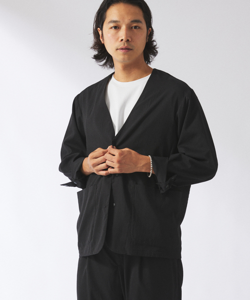 JOURNAL STANDARD relume（ジャーナルスタンダード　レリューム）の「【DRY-STUFF】エアリードッツ サッカー ノーカラージャケット（ノーカラージャケット・メンズ・ブラック/ダークブルー/ナチュラル・MEDIUM/LARGE）」の4枚目の写真