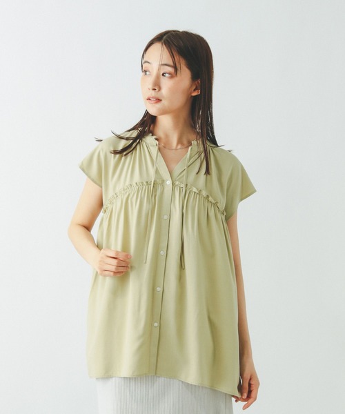 GLOBAL WORK（グローバルワーク）の「さらさらリラックスネックフリル/571309（シャツ/ブラウス・レディース・レッド/ネイビー/イエロー系その他4/グレイッシュベージュ/ストライプ/ダークブラウン・MEDIUM/LARGE）」の11枚目の写真