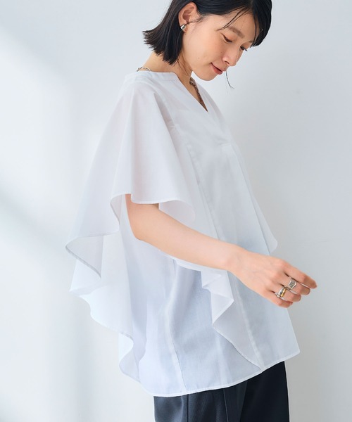 CROSS FUNCTION（クロスファンクション）の「《シワになりにくい》エブ楽 ブロードフリルスリーブブラウス【CROSS FUNCTION/クロスファンクション】（シャツ/ブラウス・レディース・オレンジ/オフホワイト・M/L/LL）」の2枚目の写真