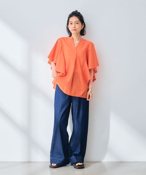 CROSS FUNCTION（クロスファンクション）の「《シワになりにくい》エブ楽 ブロードフリルスリーブブラウス【CROSS FUNCTION/クロスファンクション】（シャツ/ブラウス・レディース・オレンジ/オフホワイト・M/L/LL）」の18枚目の写真