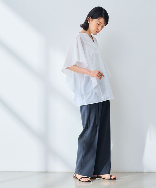 CROSS FUNCTION（クロスファンクション）の「《シワになりにくい》エブ楽 ブロードフリルスリーブブラウス【CROSS FUNCTION/クロスファンクション】（シャツ/ブラウス・レディース・オレンジ/オフホワイト・M/L/LL）」の8枚目の写真