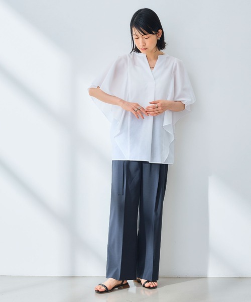 CROSS FUNCTION（クロスファンクション）の「《シワになりにくい》エブ楽 ブロードフリルスリーブブラウス【CROSS FUNCTION/クロスファンクション】（シャツ/ブラウス・レディース・オレンジ/オフホワイト・M/L/LL）」の4枚目の写真