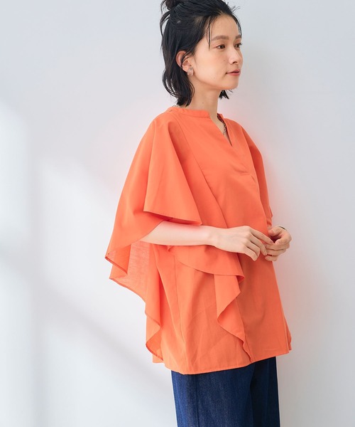 CROSS FUNCTION（クロスファンクション）の「《シワになりにくい》エブ楽 ブロードフリルスリーブブラウス【CROSS FUNCTION/クロスファンクション】（シャツ/ブラウス・レディース・オレンジ/オフホワイト・M/L/LL）」の11枚目の写真