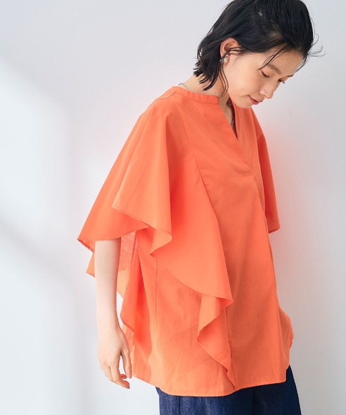 CROSS FUNCTION（クロスファンクション）の「《シワになりにくい》エブ楽 ブロードフリルスリーブブラウス【CROSS FUNCTION/クロスファンクション】（シャツ/ブラウス・レディース・オレンジ/オフホワイト・M/L/LL）」の12枚目の写真