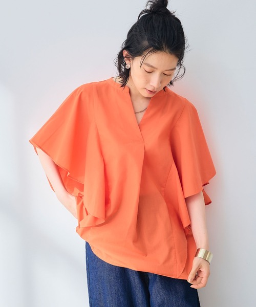 CROSS FUNCTION（クロスファンクション）の「《シワになりにくい》エブ楽 ブロードフリルスリーブブラウス【CROSS FUNCTION/クロスファンクション】（シャツ/ブラウス・レディース・オレンジ/オフホワイト・M/L/LL）」の10枚目の写真