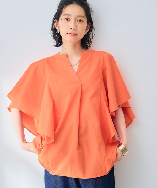 CROSS FUNCTION（クロスファンクション）の「《シワになりにくい》エブ楽 ブロードフリルスリーブブラウス【CROSS FUNCTION/クロスファンクション】（シャツ/ブラウス・レディース・オレンジ/オフホワイト・M/L/LL）」の9枚目の写真