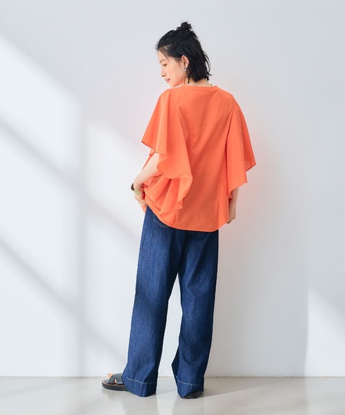 CROSS FUNCTION（クロスファンクション）の「《シワになりにくい》エブ楽 ブロードフリルスリーブブラウス【CROSS FUNCTION/クロスファンクション】（シャツ/ブラウス・レディース・オレンジ/オフホワイト・M/L/LL）」の16枚目の写真