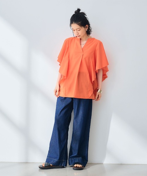 CROSS FUNCTION（クロスファンクション）の「《シワになりにくい》エブ楽 ブロードフリルスリーブブラウス【CROSS FUNCTION/クロスファンクション】（シャツ/ブラウス・レディース・オレンジ/オフホワイト・M/L/LL）」の17枚目の写真