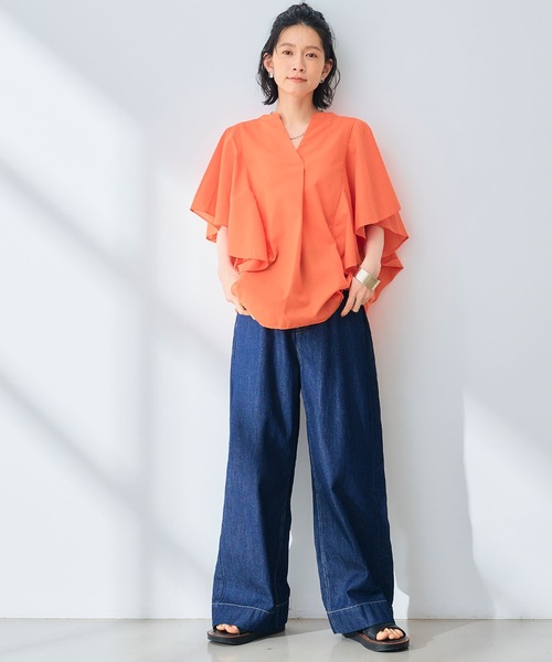 CROSS FUNCTION（クロスファンクション）の「《シワになりにくい》エブ楽 ブロードフリルスリーブブラウス【CROSS FUNCTION/クロスファンクション】（シャツ/ブラウス・レディース・オレンジ/オフホワイト・M/L/LL）」の14枚目の写真