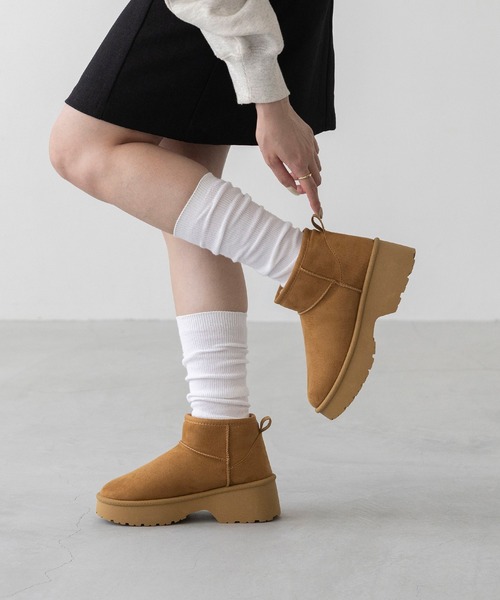 セール】厚底ヒール ショート ムートンブーツ（ブーツ）｜menue
