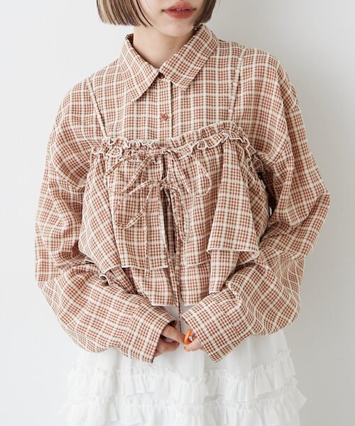 w closet（ダブルクローゼット）の「【2SETアイテム】ビスチェ付きチェックシャツ（シャツ/ブラウス・レディース・ブルー/ブラック/レッド/ブラウン・FREE）」の4枚目の写真