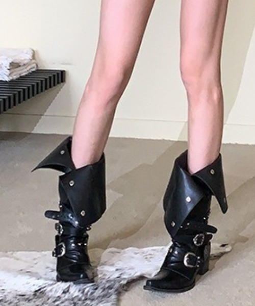 lilful（リルフル）の「【2WAY】Y2K 足首ベルト付き サイドボタンデザイン 折り返し ヒールロングブーツ（ブーツ・レディース・ブラック・M/L）」の9枚目の写真
