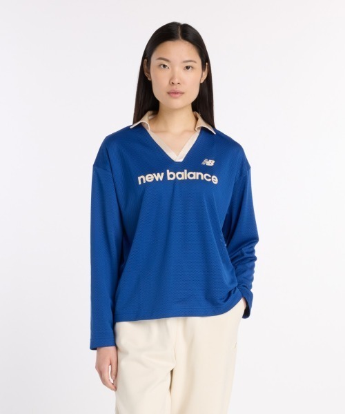 NEW BALANCE(ニューバランス)の「New Balance Mesh Jersey Long Sleeve(ニューバランス メッシュ ジャージー ロングスリーブ)(Tシャツ/カットソー・レディース・ベージュ系/ネイビー系・SMALL/MEDIUM/LARGE)」の1枚目の写真