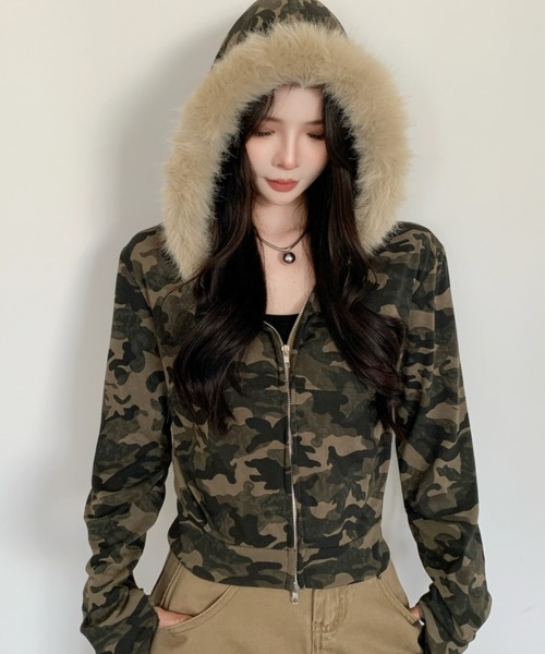 セール】カモフラ柄ジップアップショートパーカー｜フード付き×ダブル