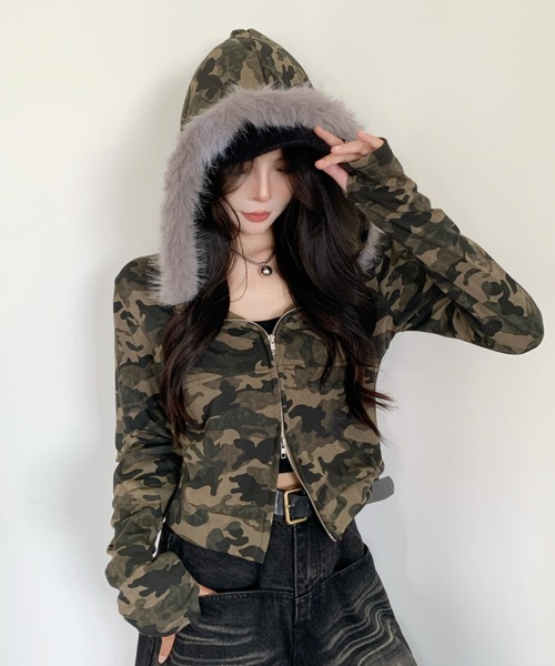 セール】カモフラ柄ジップアップショートパーカー｜フード付き×ダブル