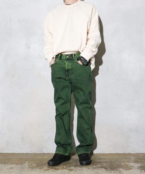 GUNG HO（ガンホー）の「GUNG HO / ガンホー DENIM BOOTS CUT PANTS OVER DYE ブーツカットデニム（デニムパンツ・メンズ・グリーン/パープル・LARGE/X-LARGE）」の4枚目の写真