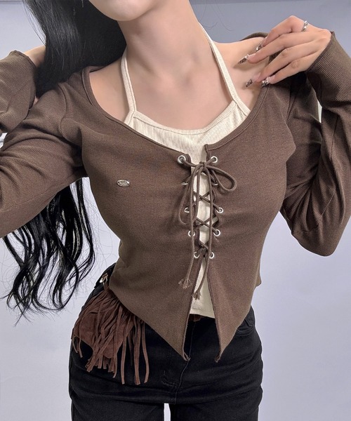 セール】7color/レイヤード風レースアップカットソー（Tシャツ