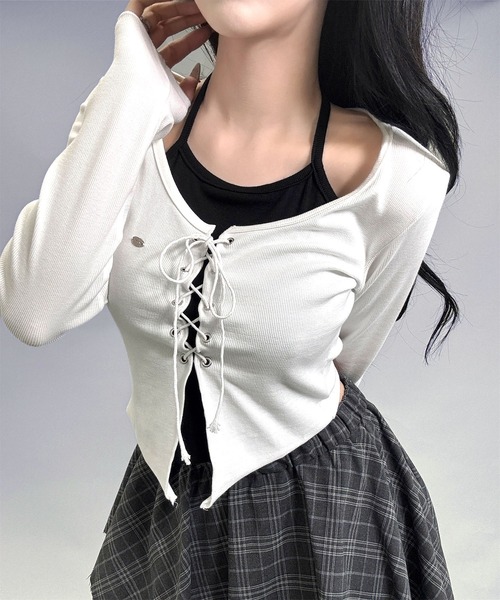 FOLLOWIN（フォロウィン）の「7color/レイヤード風レースアップカットソー（Tシャツ/カットソー・レディース・ブラック/アイボリー/バーガンディー/ブラウン/ホワイト/キナリ/グレー・FREE）」の2枚目の写真