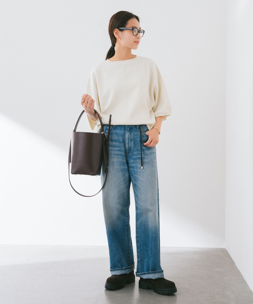 FRAMeWORK（フレームワーク）の「ダブルジャガードハーフスリーブニット（ニット/セーター・レディース・ブラック/アイボリー・FREE）」の4枚目の写真