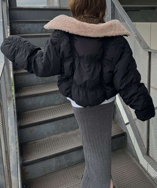 down stitch check fur collar short JK