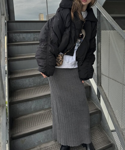 down stitch check fur collar short JK