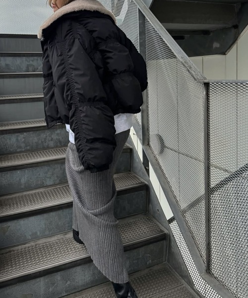 down stitch check fur collar short JK