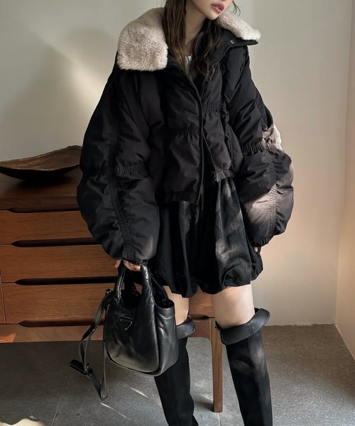 セール】down stitch check fur collar short JK（ダウンジャケット