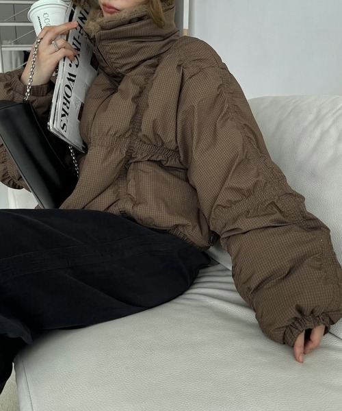 down stitch check fur collar short JK