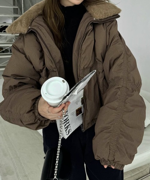 セール】down stitch check fur collar short JK（ダウンジャケット