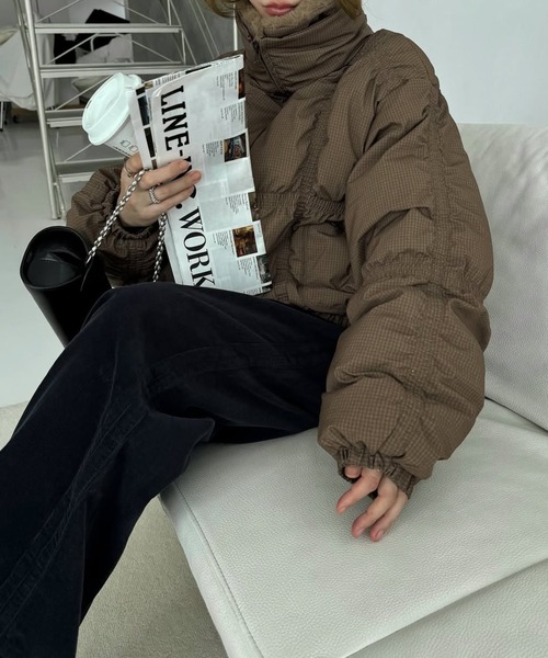 down stitch check fur collar short JK