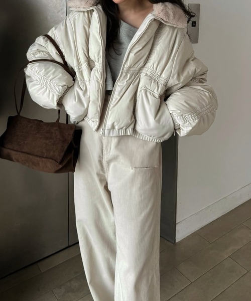 down stitch check fur collar short JK