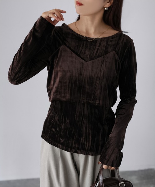 Riberry(リベリー)の「クラッシュベロアキャミ+トップスセット(Tシャツ/カットソー・レディース・ブラック/ブラウン・FREE)」の11枚目の写真