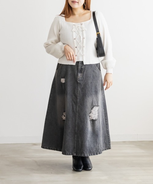 CLETTE(クレット)の「CLETTEオリジナルスクエアネックレースアップニット(ニット/セーター・レディース・ホワイト/ブルー/チャコールグレー・LL/3L/4L)」の5枚目の写真
