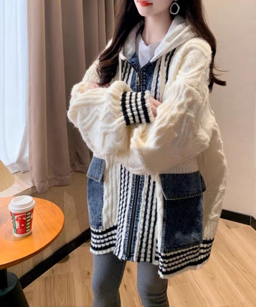 セール】デニム×ケーブル編みフード付ニットガウン（カーディガン