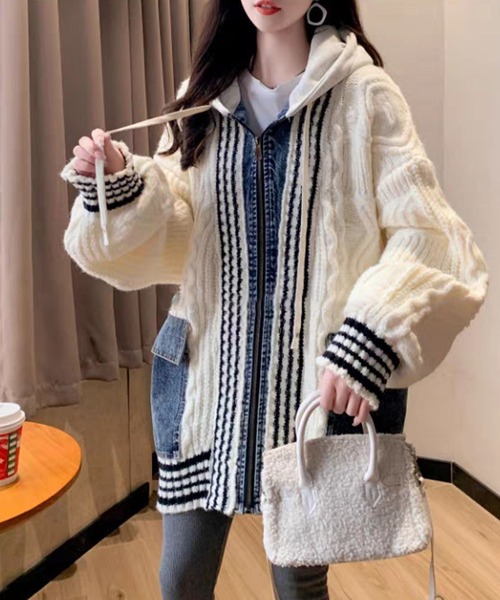 セール】デニム×ケーブル編みフード付ニットガウン（カーディガン