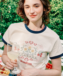 RONRON（ロンロン）の「CROSS STITCH RASPBERRY RINGER T SHIRT CREAM DEEP BLUE（Tシャツ/カットソー）」