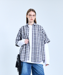 STANDARDERROR（スタンダードエラー）の「87-STAN070 ヴィンテージカントリーオーバーサイズ半袖チェックシャツネイビー（シャツ/ブラウス）」