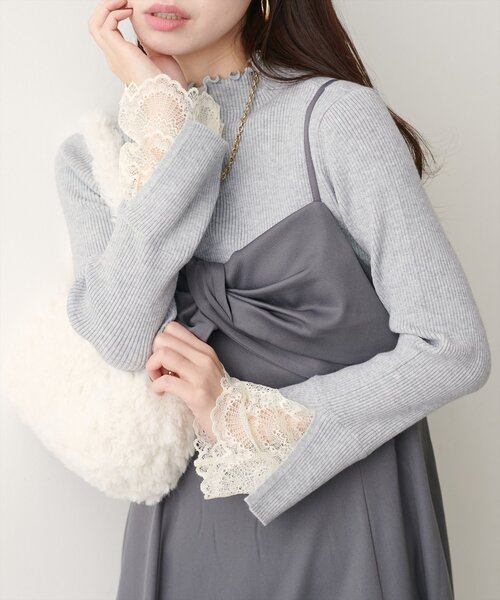 natural couture（ナチュラルクチュール）の「袖口レースもちもちリブタートル（ニット/セーター・レディース・スミクロ/ライトグレー/ボルドー/サックスブルー/ピンク/ラベンダー/ミント/イエロー/オフホワイト・FREE）」の3枚目の写真