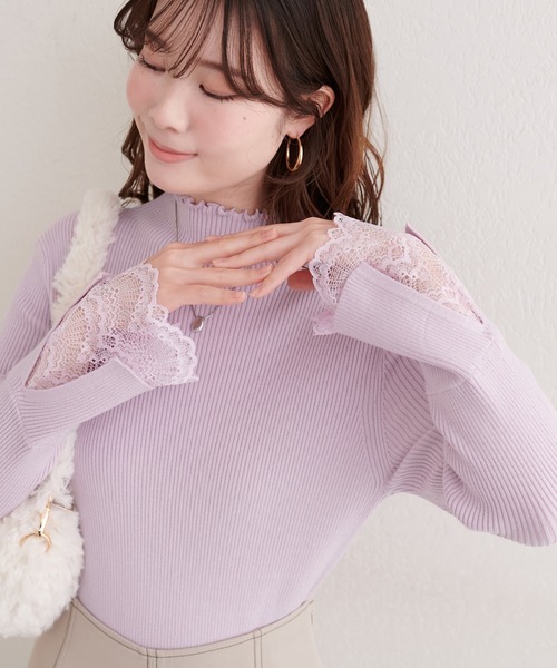 natural couture（ナチュラルクチュール）の「袖口レースもちもちリブタートル（ニット/セーター・レディース・スミクロ/ライトグレー/ボルドー/サックスブルー/ピンク/ラベンダー/ミント/イエロー/オフホワイト・FREE）」の6枚目の写真