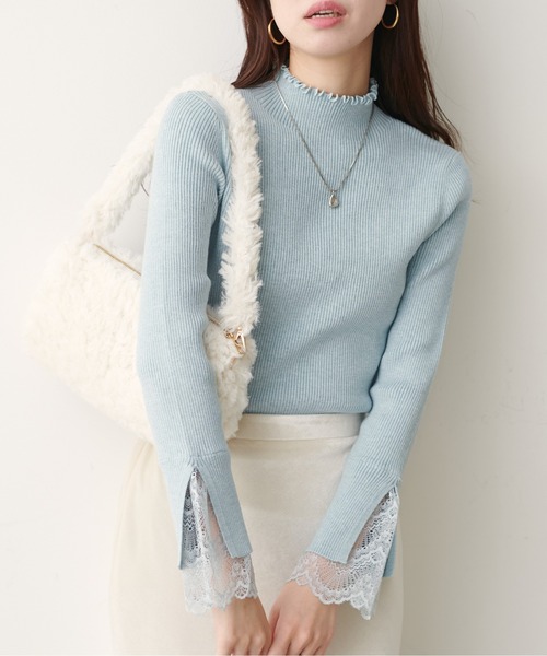 natural couture（ナチュラルクチュール）の「袖口レースもちもちリブタートル（ニット/セーター・レディース・スミクロ/ライトグレー/ボルドー/サックスブルー/ピンク/ラベンダー/ミント/イエロー/オフホワイト・FREE）」の5枚目の写真